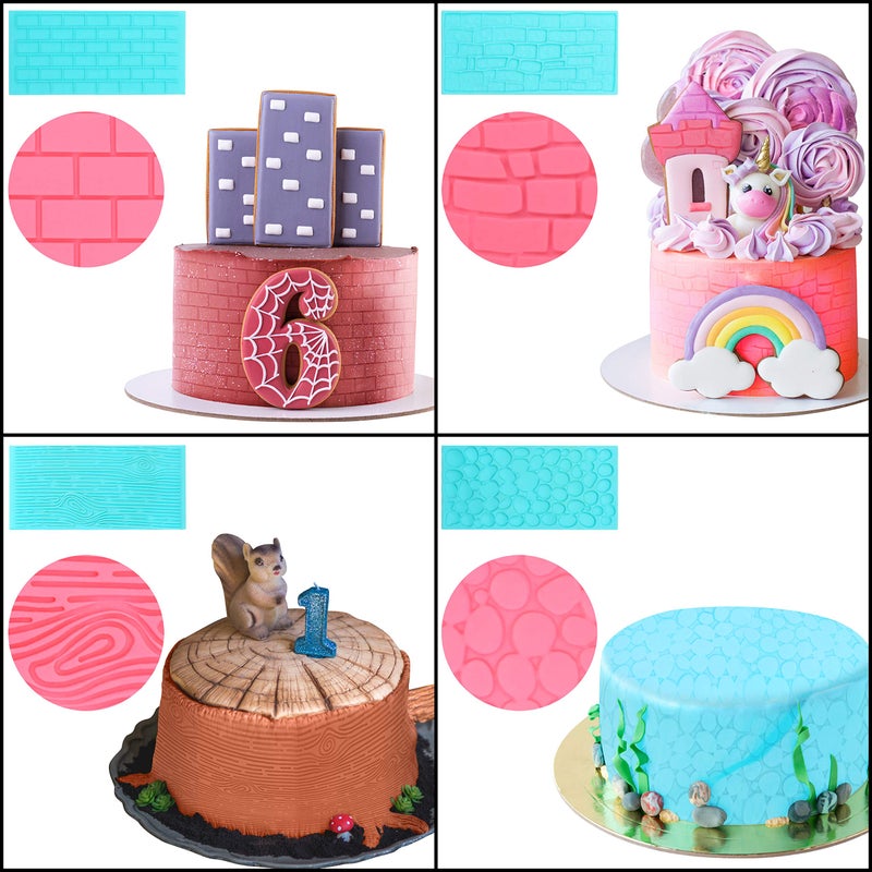 Kurtzy Kurtzy 4 Pack Plastic Embossing Fondant Icing Chocolate Cake Set - Brick  Wood  Cobble and Pebble Stone Designs - Blue 3D Decorating Embossed Mould Set For Sugar Candy  Decor  Jelly & DIY Baking - Image 5