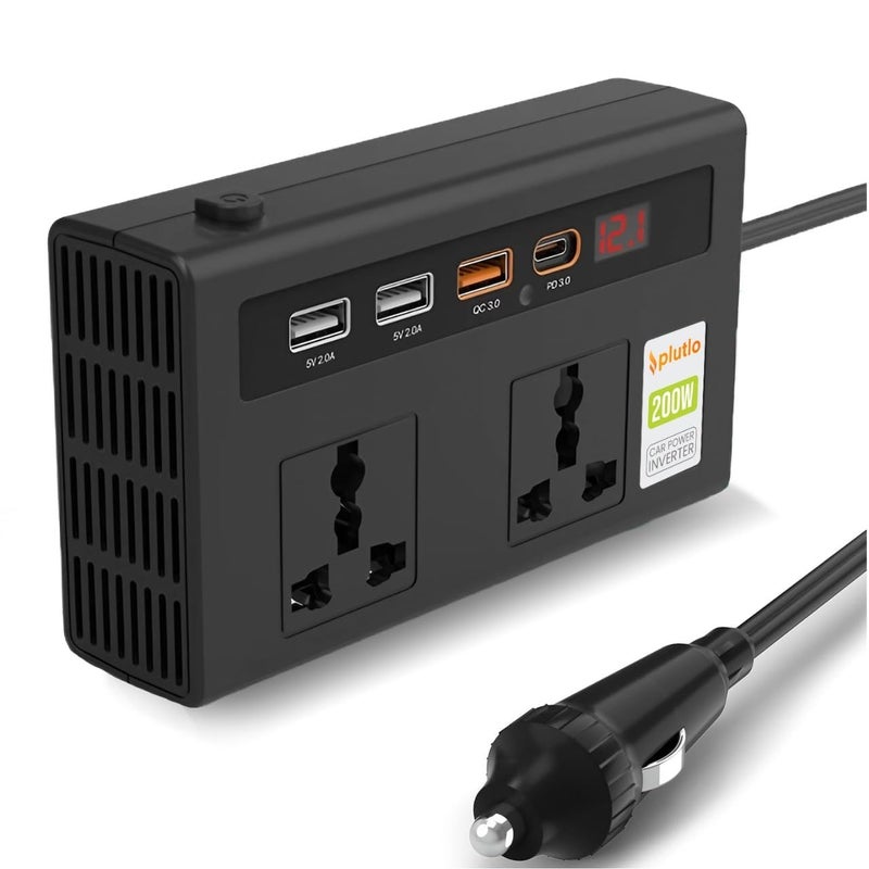Plutlo 200W Car Power Inverter, Car Laptop Charger with 2 AC Outlets (220V), 3 USB-A & 1 USB-C PD 18W Fast Charging Ports, 12V DC to 220V AC Adapter for Laptops, Phones & Tablets – Black Body - Image 1