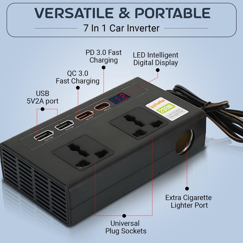 Plutlo 200W Car Power Inverter, Car Laptop Charger with 2 AC Outlets (220V), 3 USB-A & 1 USB-C PD 18W Fast Charging Ports, 12V DC to 220V AC Adapter for Laptops, Phones & Tablets – Black Body - Image 2