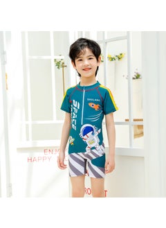 Kids Quick-Dry Swimsuit Full Body Short Sleeve Peacock Green Spaceman (swimsuit cap)