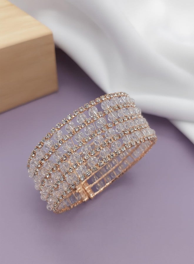 SHANKHRAJ MALL Crystal Rhinestone Stretch Bracelet, Rose Gold, Multi-Row, Bangle Style, Wedding Party Jewelry - Image 1