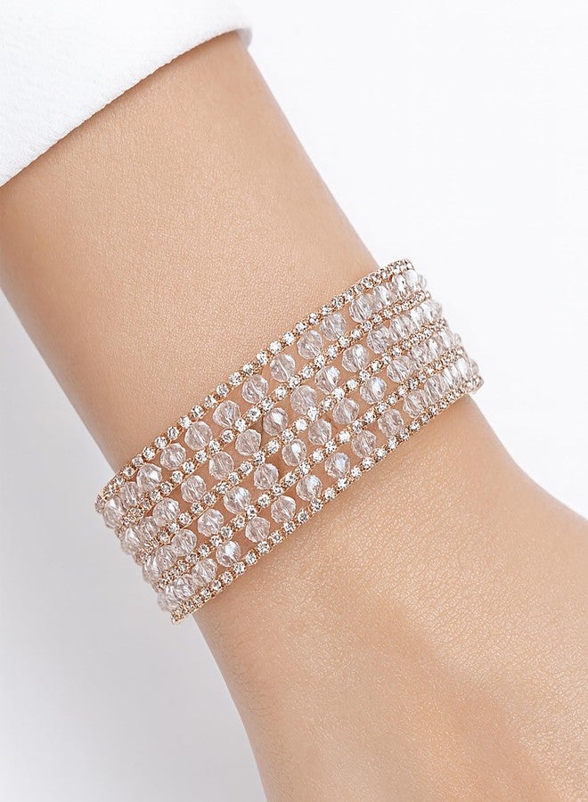 SHANKHRAJ MALL Crystal Rhinestone Stretch Bracelet, Rose Gold, Multi-Row, Bangle Style, Wedding Party Jewelry - Image 3