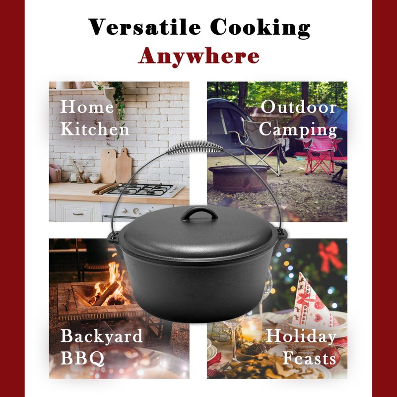 Cuisiland 9 Quart Cast Iron Dutch Oven with Dome Lid & Bail Handle â€“ Pre-Seasoned Campfire Pot for Outdoor Cooking, Baking, Braising & Stews â€“ Heavy-Duty, Even-Heat Casserole Pot for Camping & Home Use - Image 4