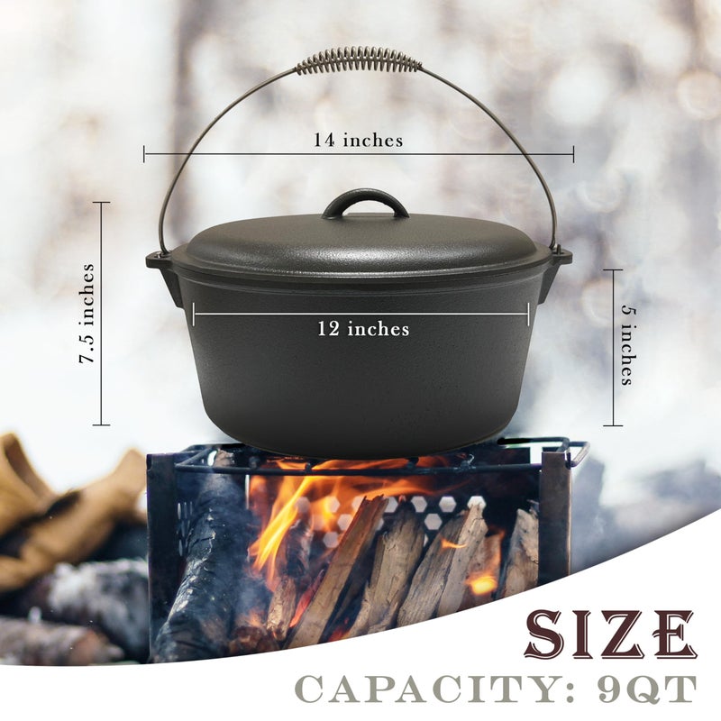 Cuisiland 9 Quart Cast Iron Dutch Oven with Dome Lid & Bail Handle â€“ Pre-Seasoned Campfire Pot for Outdoor Cooking, Baking, Braising & Stews â€“ Heavy-Duty, Even-Heat Casserole Pot for Camping & Home Use - Image 2