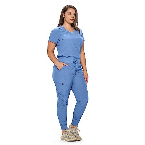 Monarch Uniforms Slim Fit Stretchy Scrubs Women's Jogger Scrub Set Slim Jogger Scrubs with Tuck-In Top for Women (CEIL BLUE-M) - Image 2