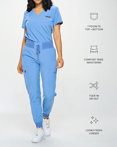 Monarch Uniforms Slim Fit Stretchy Scrubs Women's Jogger Scrub Set Slim Jogger Scrubs with Tuck-In Top for Women (CEIL BLUE-M) - Image 3