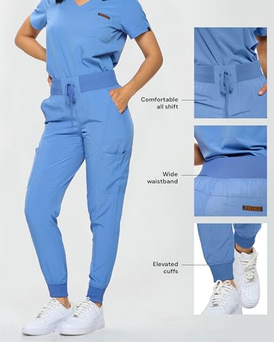 Monarch Uniforms Slim Fit Stretchy Scrubs Women's Jogger Scrub Set Slim Jogger Scrubs with Tuck-In Top for Women (CEIL BLUE-M) - Image 5