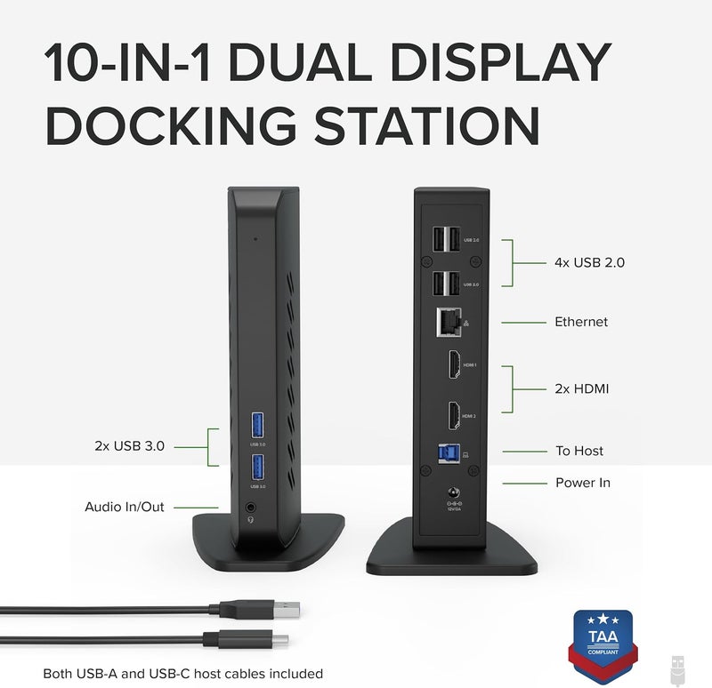 Plugable USB 3.0 and USB-C Universal Laptop Docking Station with 2 HDMI Ports for Windows, Mac (Driver Required), and ChromeOS, Gigabit Ethernet, Audio - Image 2