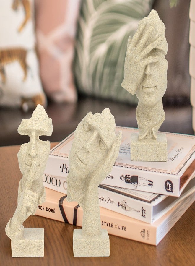 prosfalt 3 Pcs Thinker Statue, Silence is Gold Abstract Art Figurine, No Hear No See No Speak Modern Home Resin Sculptures Decorative Objects Decor for Home Office Bookshelf Desktop(Sandstone) - Image 2