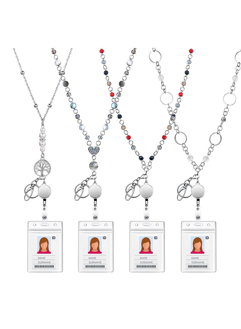 Excefore Badge Necklaces with ID Holders, 4 Sets Beaded Retractable Lanyards for Women Stainless Steel Lanyards, Multicolor, Medium - Image 1