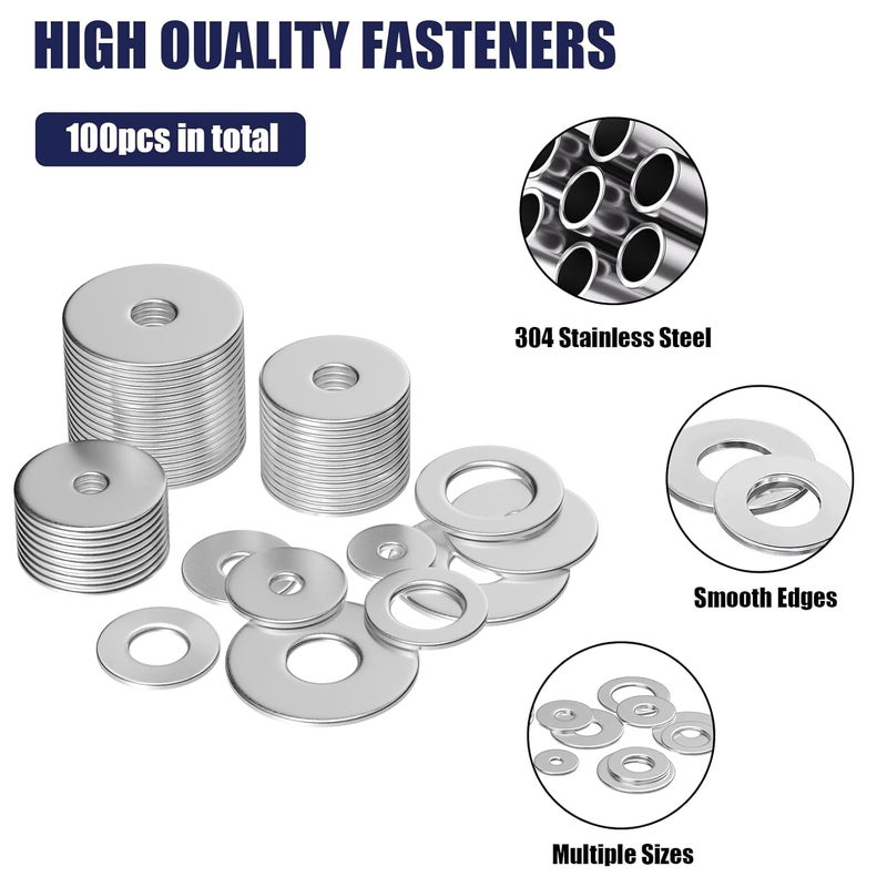 wegoup 18-8(304) Stainless Steel Metal Flat Washers for Screws and Bolts, 100 Pieces Assorted Washers Kit (12 Sizes M3-M12), Large and Small Hardware - Image 3