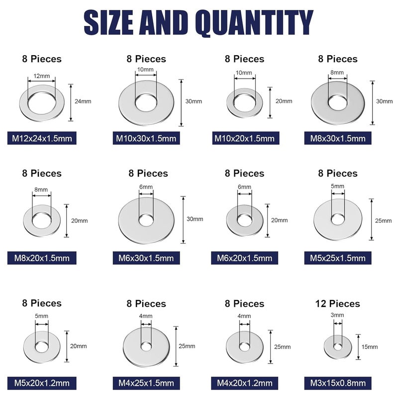 wegoup 18-8(304) Stainless Steel Metal Flat Washers for Screws and Bolts, 100 Pieces Assorted Washers Kit (12 Sizes M3-M12), Large and Small Hardware - Image 2