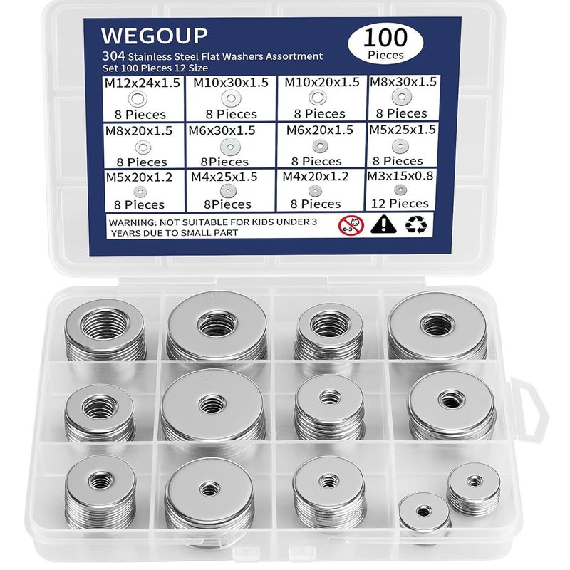 wegoup 18-8(304) Stainless Steel Metal Flat Washers for Screws and Bolts, 100 Pieces Assorted Washers Kit (12 Sizes M3-M12), Large and Small Hardware - Image 1
