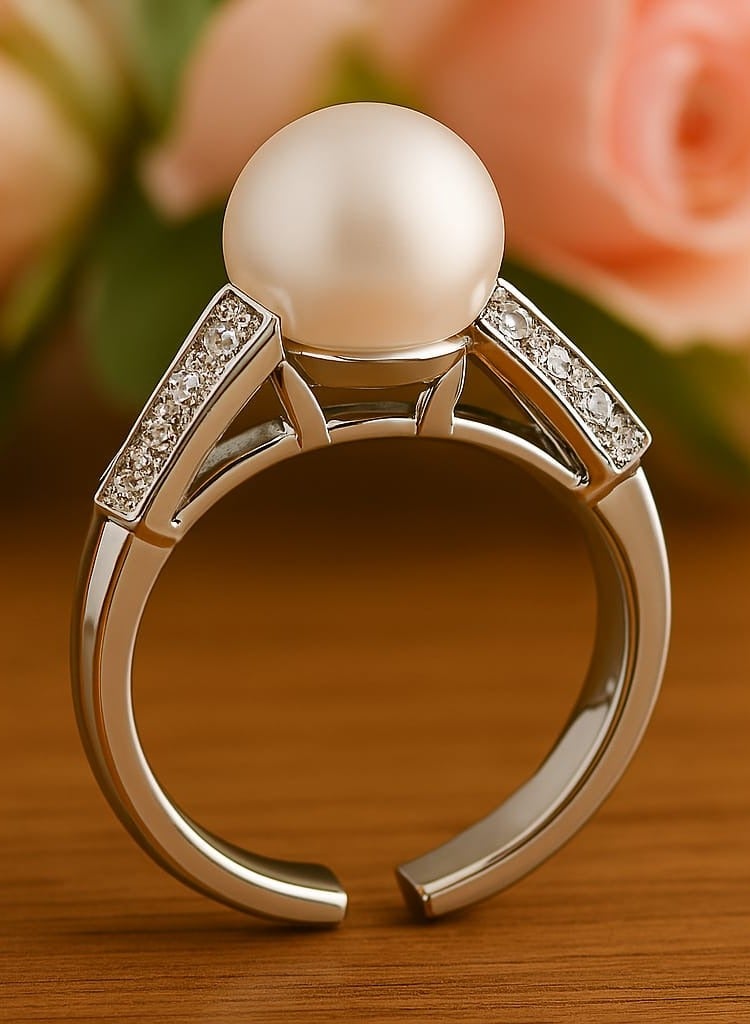 خاتم اللؤلؤ الملكي -  تألقي بإطلالة تجمع بين الرقي والفخامة  مع هذا الخاتم الفريد.  يتوسطه حجر لؤلؤ طبيعي يرمز للنقاء والأناقة،  محاط بتفاصيل دقيقة من فصوص براقة على جانبي الشق المزدوج،  مما يضفي لمسة ساحرة من الضوء والتميز. تصميمه المتوازن بين الكلاسيكية والعصرية يجعله خيارًا مثاليًا للمناسبات الخاصة أو لإضافة لمسة راقية لإطلالتك اليومية. - Image 2