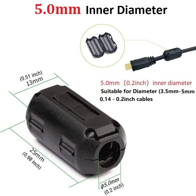 VSKEY Clip-on Noise Filter,VSKEY[10pcs 5mm] Anti-interference High-Frequency Ferrite Core Choke Cable Clip for Home Audio System,Tvs,Speakers,Radio,Audio Equipment Noise Suppressor (0.2 inch inner diameter) - Image 2