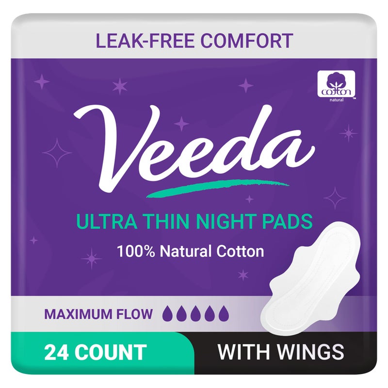 Veeda Natural Cotton Night Pads for Women - Overnight Heavy Flow Absorbent Ultra-Thin Feminine Pad - Hypoallergenic Period Pads with Wings - Unscented & Chlorine Free Sanitary Napkins - 24 Count - Image 1