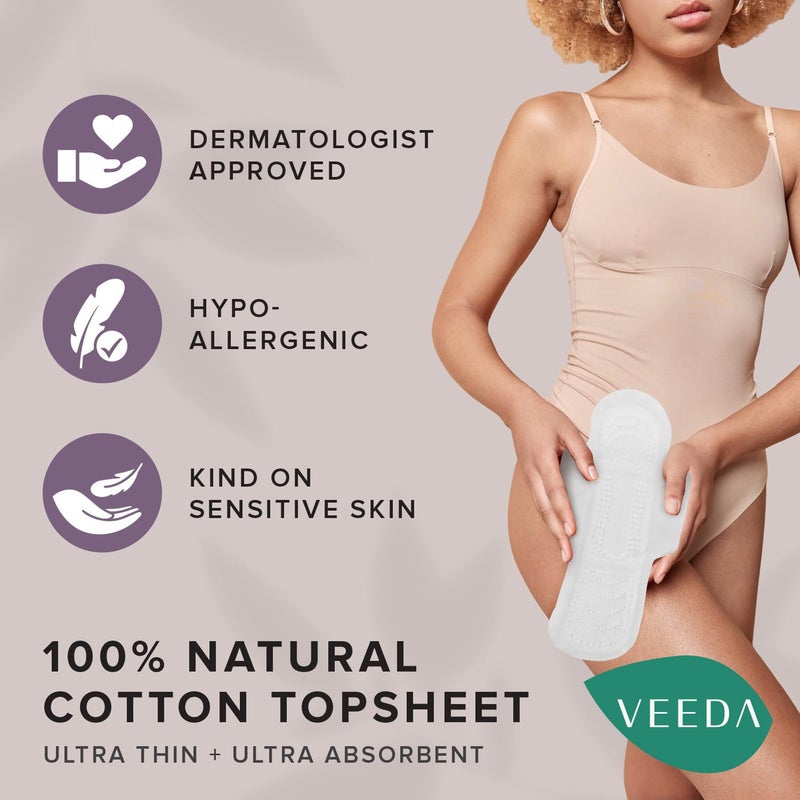Veeda Natural Cotton Night Pads for Women - Overnight Heavy Flow Absorbent Ultra-Thin Feminine Pad - Hypoallergenic Period Pads with Wings - Unscented & Chlorine Free Sanitary Napkins - 24 Count - Image 5