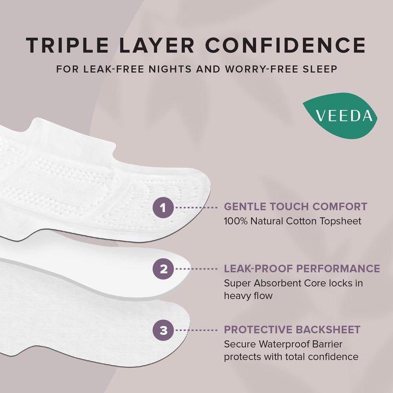 Veeda Natural Cotton Night Pads for Women - Overnight Heavy Flow Absorbent Ultra-Thin Feminine Pad - Hypoallergenic Period Pads with Wings - Unscented & Chlorine Free Sanitary Napkins - 24 Count - Image 2