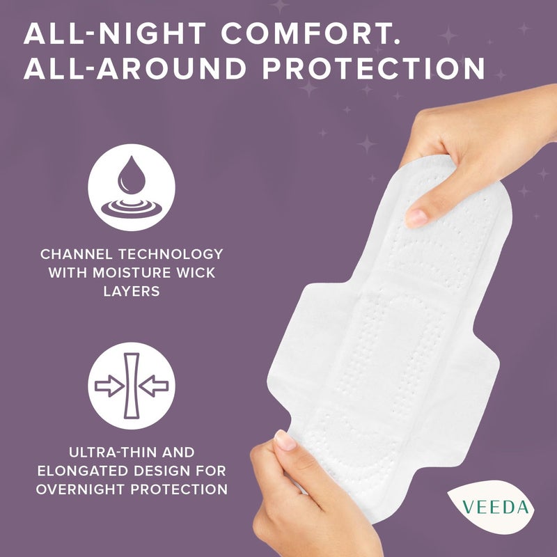 Veeda Natural Cotton Night Pads for Women - Overnight Heavy Flow Absorbent Ultra-Thin Feminine Pad - Hypoallergenic Period Pads with Wings - Unscented & Chlorine Free Sanitary Napkins - 24 Count - Image 3