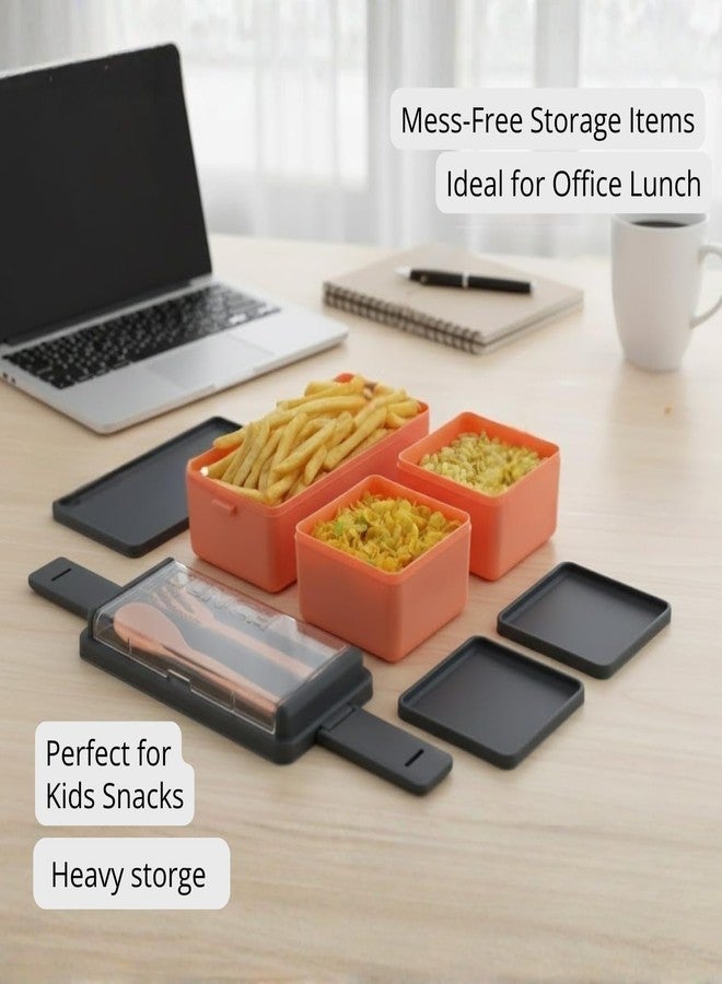 OMORTEX Rectangular Classy 3 Section Lunch Box with Spoon and Fork Peach Plastic Food Container for Office School College Kids and Adults Daily Meal Tiffin Box with Compartments (Pack of 1) - Image 2