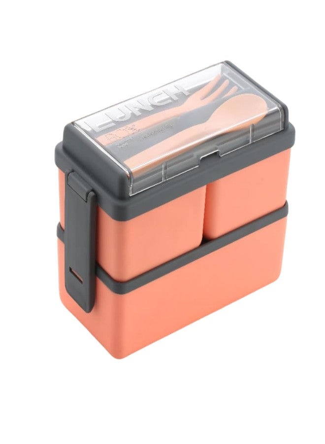 OMORTEX Rectangular Classy 3 Section Lunch Box with Spoon and Fork Peach Plastic Food Container for Office School College Kids and Adults Daily Meal Tiffin Box with Compartments (Pack of 1) - Image 1