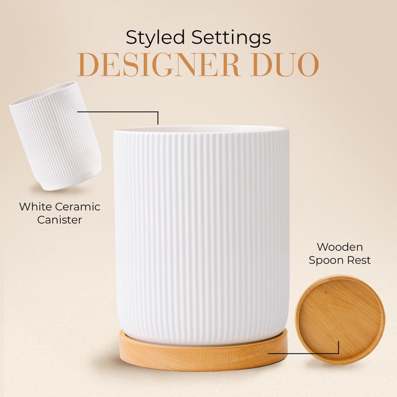 STYLED SETTINGS White Ceramic Utensil Holder with Built-In Wooden Spoon Rest â€“2PC Set for Kitchen Countertop Organization â€“ Ceramic Utensil Crock & Wood Spoon Rest for Clean, Stylish Cooking - Image 2