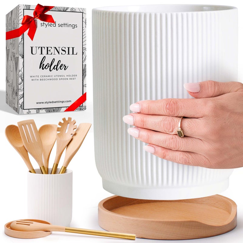 STYLED SETTINGS White Ceramic Utensil Holder with Built-In Wooden Spoon Rest â€“2PC Set for Kitchen Countertop Organization â€“ Ceramic Utensil Crock & Wood Spoon Rest for Clean, Stylish Cooking - Image 1