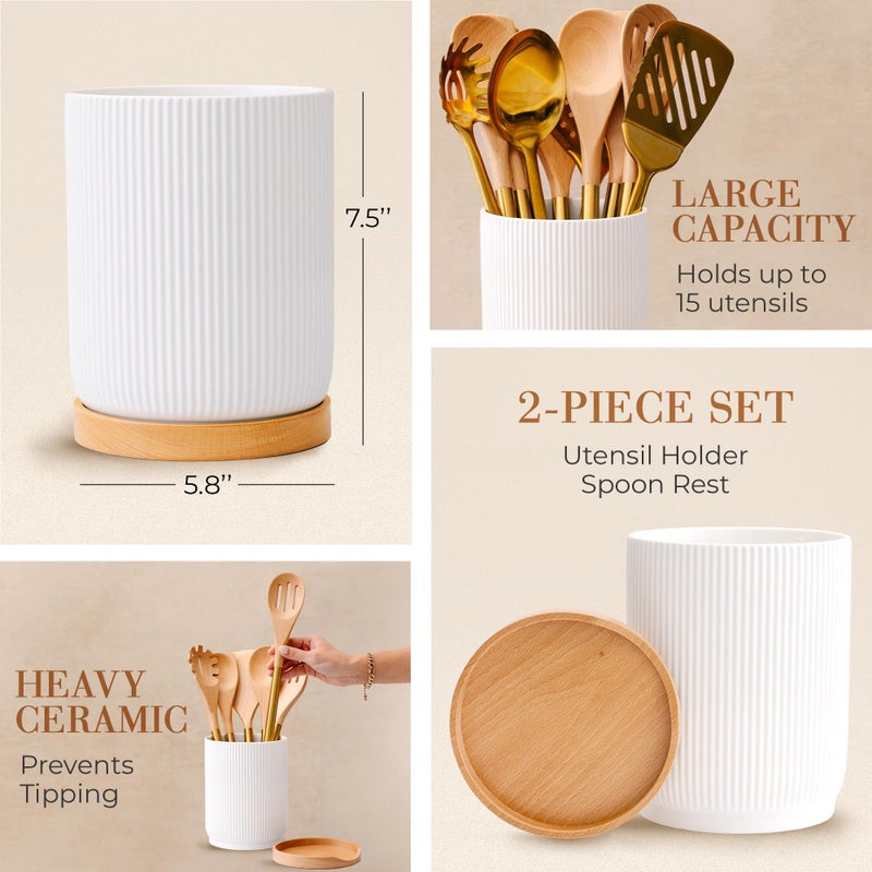 STYLED SETTINGS White Ceramic Utensil Holder with Built-In Wooden Spoon Rest â€“2PC Set for Kitchen Countertop Organization â€“ Ceramic Utensil Crock & Wood Spoon Rest for Clean, Stylish Cooking - Image 5