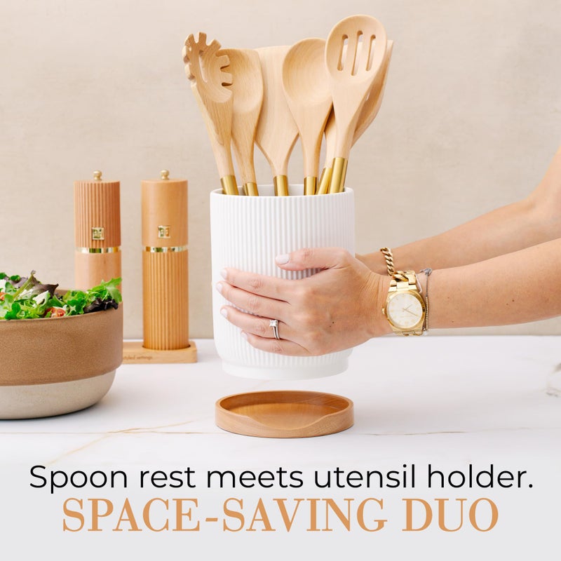 STYLED SETTINGS White Ceramic Utensil Holder with Built-In Wooden Spoon Rest â€“2PC Set for Kitchen Countertop Organization â€“ Ceramic Utensil Crock & Wood Spoon Rest for Clean, Stylish Cooking - Image 3