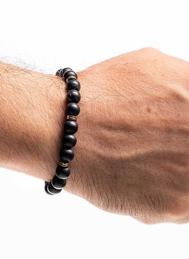 CHRYSOSTOMOS Handmade Beaded Bracelet for Men with Black Onyx, Wavy Hematite and Golden Elements  - Image 3