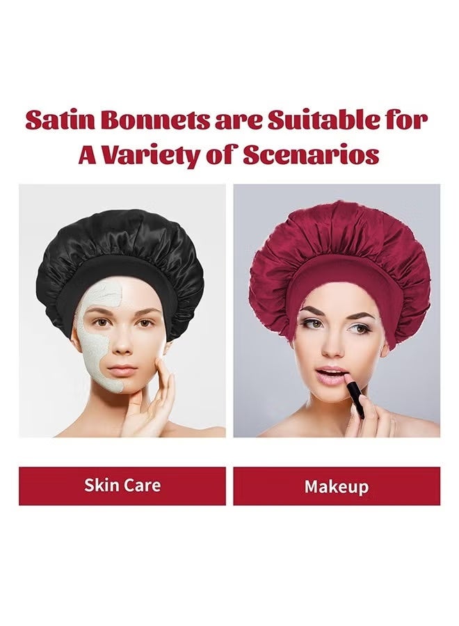 JUE-FISH 2Pcs Silk Bonnet for Sleeping, Satin Hair Bonnets, Soft Elastic Band Silk Sleep Cap, Hair Wrap for Women(Black&Red) - Image 2
