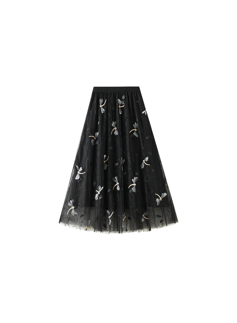 Loquat Women's Dragonfly Embroidered Mesh Skirt Long Dress Black  - Image 1