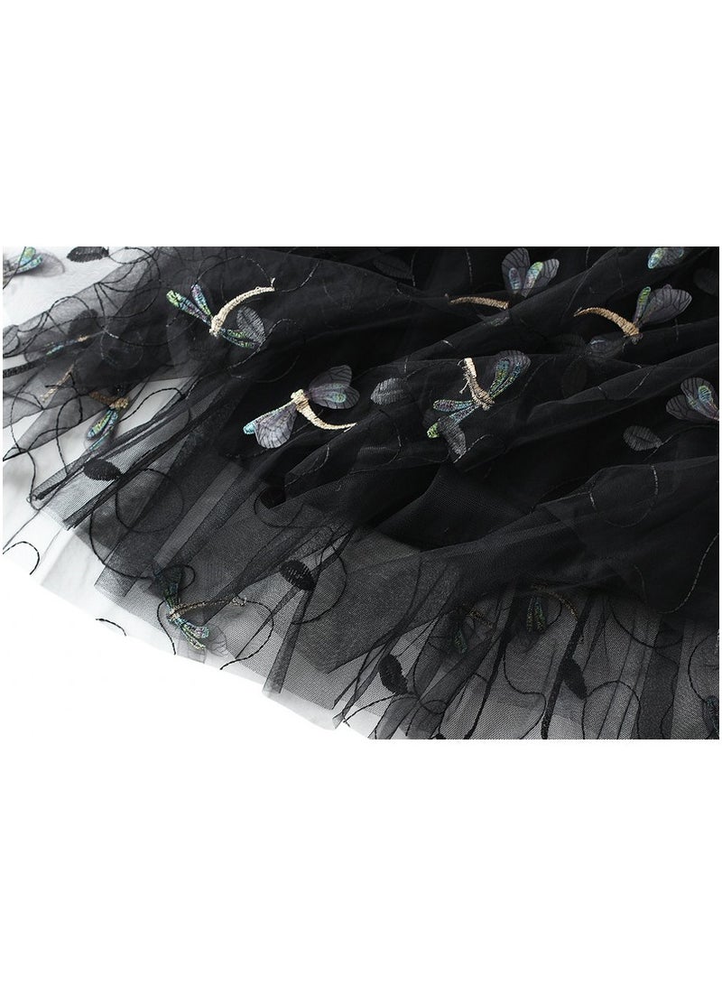 Loquat Women's Dragonfly Embroidered Mesh Skirt Long Dress Black  - Image 3