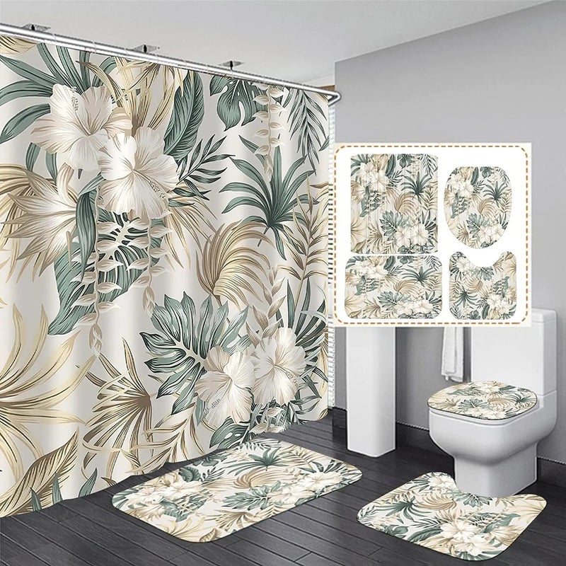 Bluejw Tropical Leaves Plant Waterproof Bathroom 4 Pcs Set  Patterned Shower Curtain with Rugs - Image 2