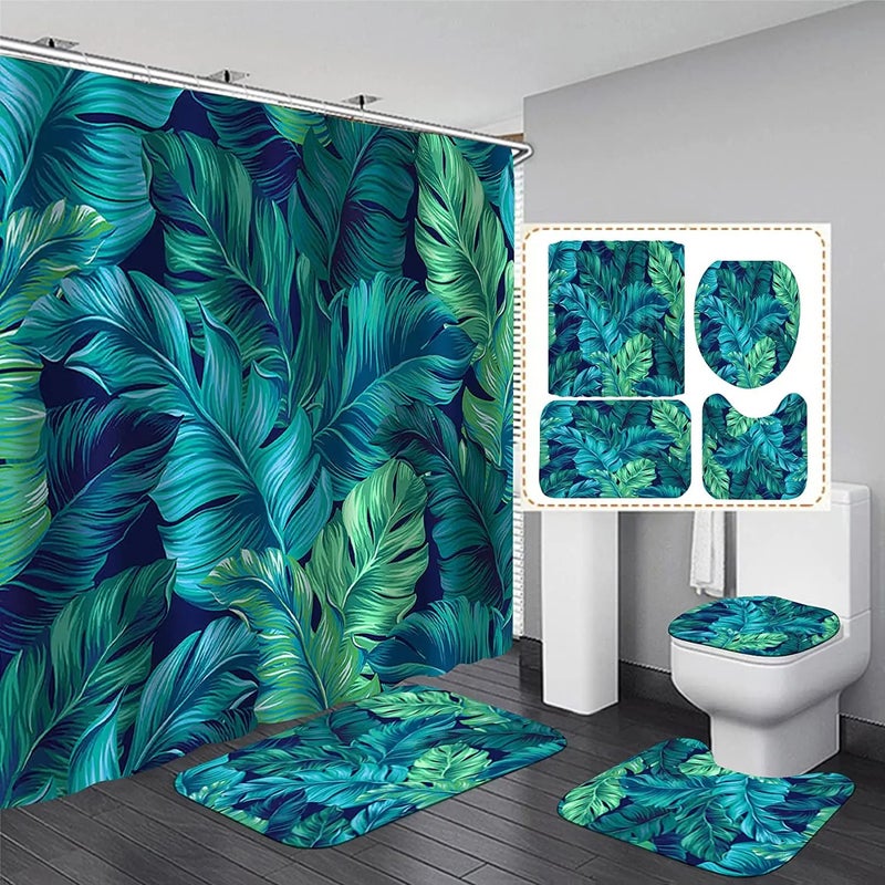 Bluejw Tropical Leaves Plant Waterproof Bathroom 4 Pcs Set  Patterned Shower Curtain with Rugs - Image 1