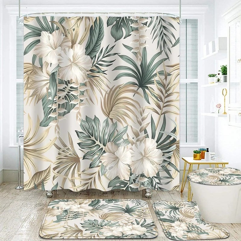 Bluejw Tropical Leaves Plant Waterproof Bathroom 4 Pcs Set  Patterned Shower Curtain with Rugs - Image 5