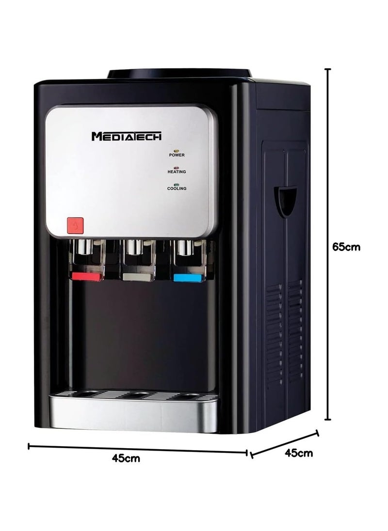 Media Tech desktop water dispenser with 3 taps for hot and cold water, black and silver, model MT-WD2523D