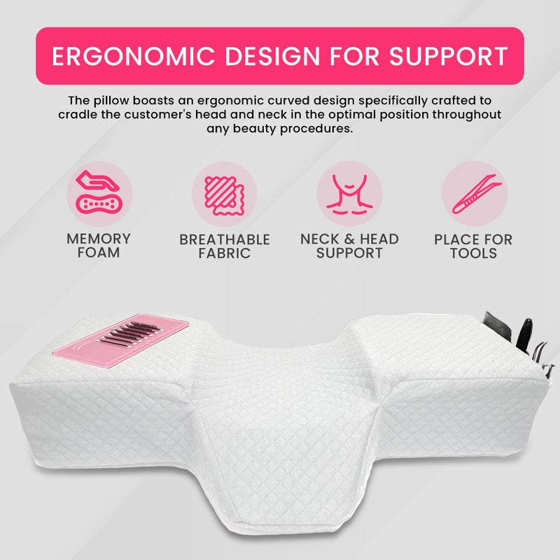 XOLLOZ Lash Pillow for Eyelash Extensions - Curved Memory Foam Bed Pillow, Ergonomic Head Rest with Neck Support, Side Pockets for Tools, Fits Lash Beds for Tech â€“ White - Image 2
