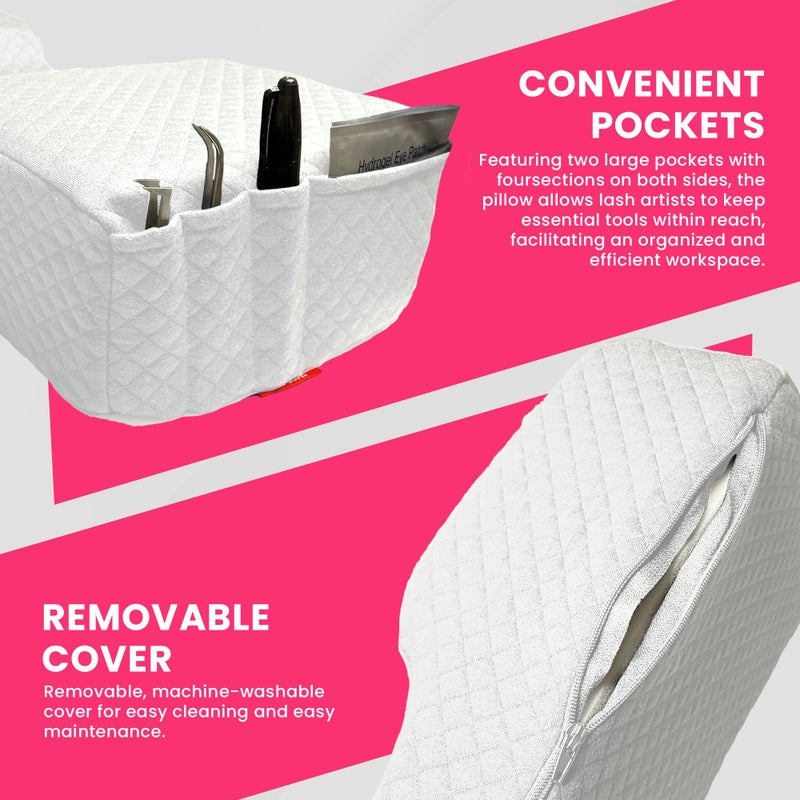 XOLLOZ Lash Pillow for Eyelash Extensions - Curved Memory Foam Bed Pillow, Ergonomic Head Rest with Neck Support, Side Pockets for Tools, Fits Lash Beds for Tech â€“ White - Image 5