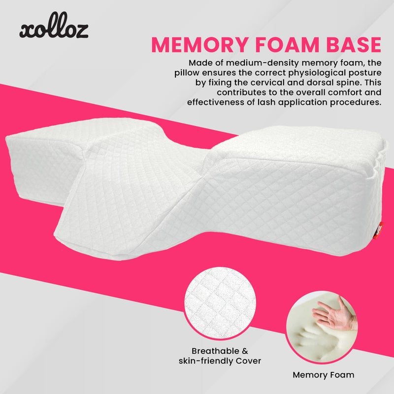 XOLLOZ Lash Pillow for Eyelash Extensions - Curved Memory Foam Bed Pillow, Ergonomic Head Rest with Neck Support, Side Pockets for Tools, Fits Lash Beds for Tech â€“ White - Image 4