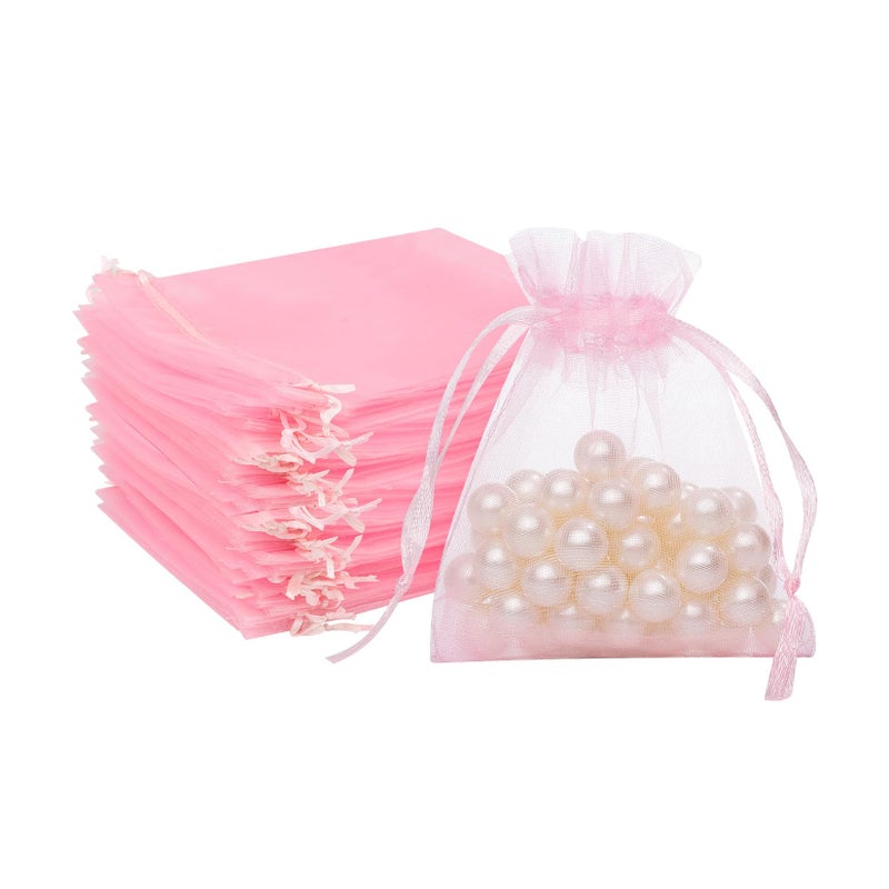 FUNFERY 100 Pcs Pink Organza Bags 3x4 in, Small Mesh Drawstring Gift Bags for Sachet, Jewelry, Candy, Wedding Favor, Easter Day - Image 1