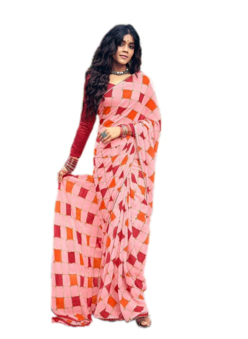 Grab Mantra Pink-Orange Georgette Geometric Print Saree With Plain Unstitched Blouse  - Image 1
