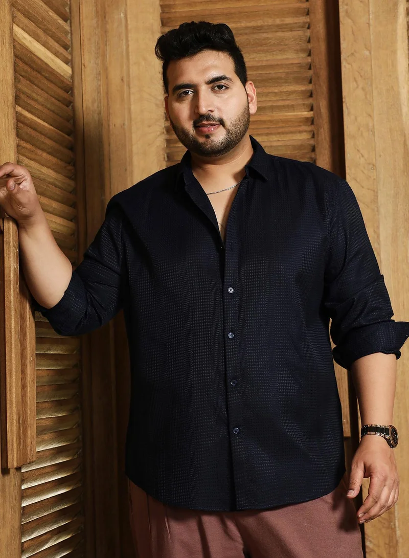 انستافاب بلس Instafab Plus Men's Navy Blue Shard-Panel Tactile Shirt For Casual Wear | Spread Collar | Long Cuffed Sleeves | Button Closure | Plus Size Shirt Crafted With Comfort Fit For Everyday Wear
