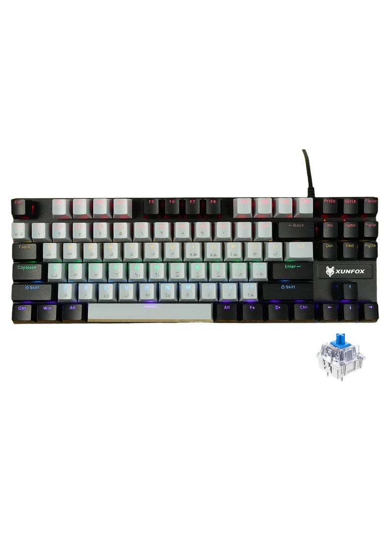 XUNFOX English Arabic Mechanical Gaming Keyboard with RGB Backlit, USB Wired 87 Keys Blue Switch Keyboard for Windows PC Gamers Grey Black - Image 1