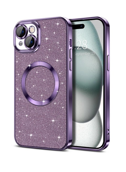 iPhone 15 Plus Case Glitter, Clear Magnetic Phone Cases with Camera Lens Protector [Compatible with MagSafe] Bling Sparkle Plating Soft TPU Shockproof Protective Cover Women Girls