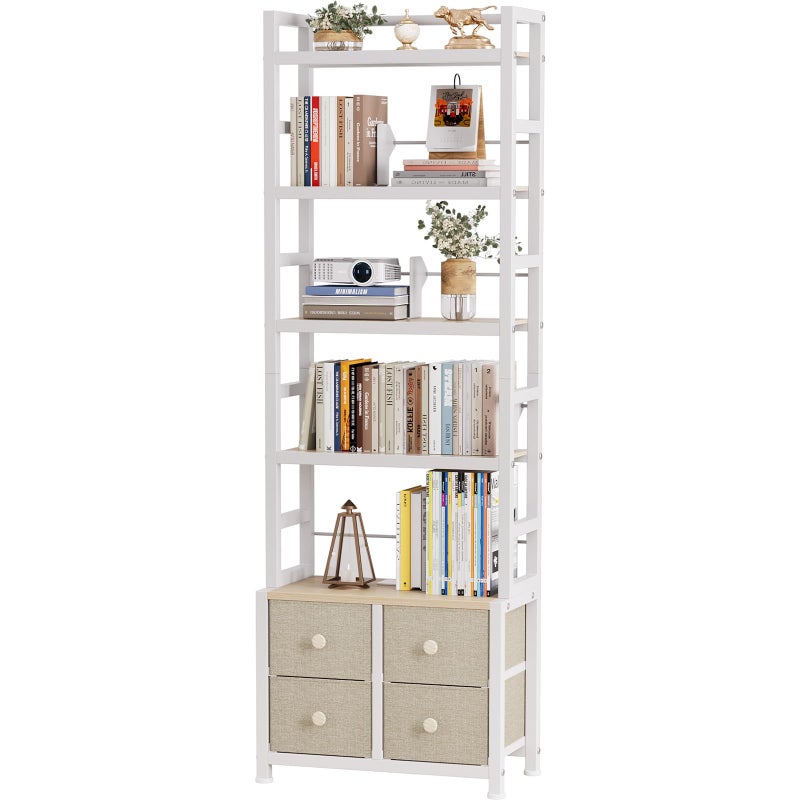 Epouseter 5 Tier Bookshelf, Modern Bookcase with Bookends and 4 Drawers Storage Organizer, Metal Industrial Display Shelf, Free Standing Storage Shelving Unit for Bedroom, Living Room and Home Office - Image 1