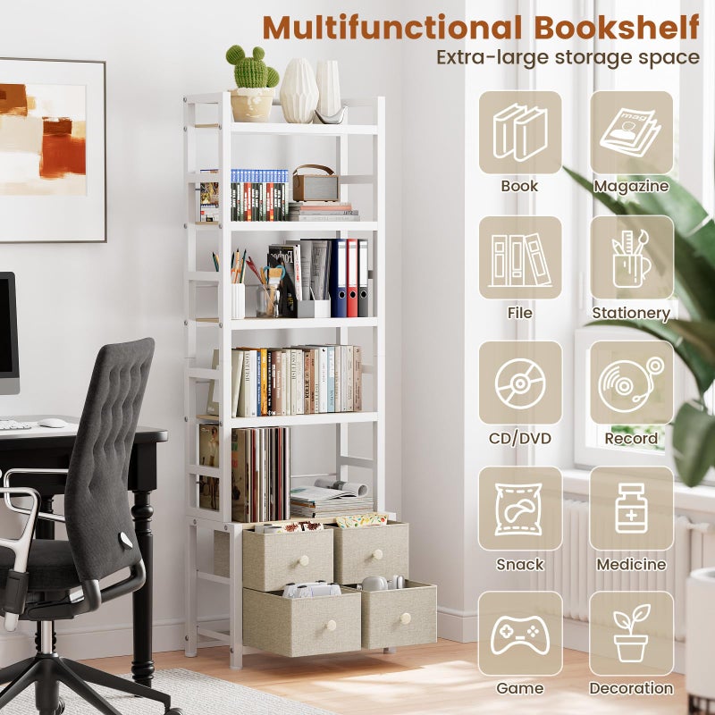 Epouseter 5 Tier Bookshelf, Modern Bookcase with Bookends and 4 Drawers Storage Organizer, Metal Industrial Display Shelf, Free Standing Storage Shelving Unit for Bedroom, Living Room and Home Office - Image 3