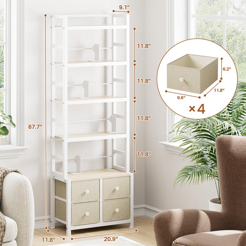 Epouseter 5 Tier Bookshelf, Modern Bookcase with Bookends and 4 Drawers Storage Organizer, Metal Industrial Display Shelf, Free Standing Storage Shelving Unit for Bedroom, Living Room and Home Office - Image 4