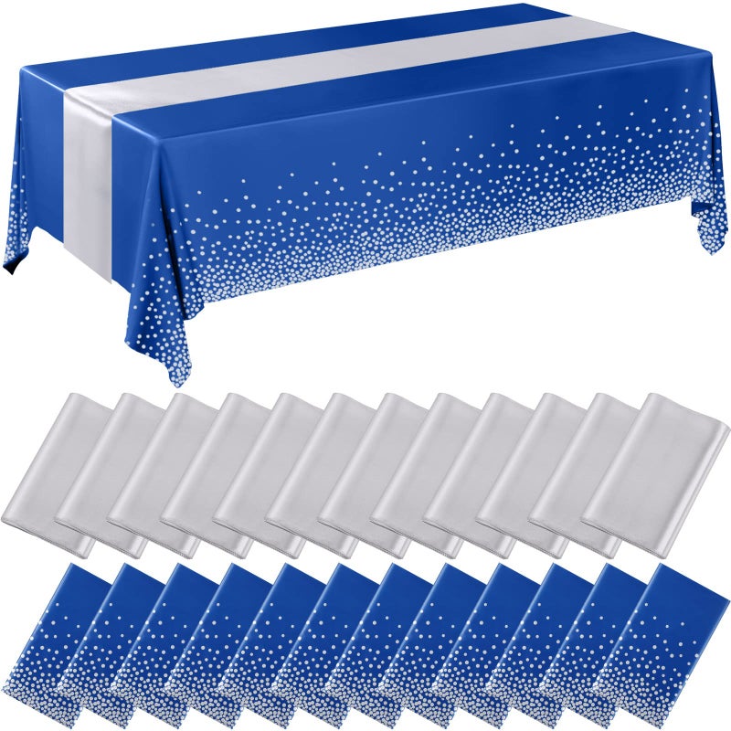 Breling 24 Packs Navy Blue and Silver Disposable Plastic Tablecloths and Satin Table Runner Set 54 x 108 Inch Tablecloth 12 x 108 Inch Table Runners for Wedding Graduation Birthday Baby Shower