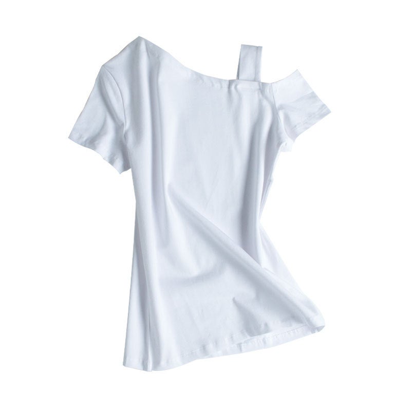 2021 White Cotton Short Sleeve T-Shirt Womens Crossbody Pullover Tight Fit Korean Style Off-The-Shoulder Base Layer Top Womens Wine Red  - Image 3